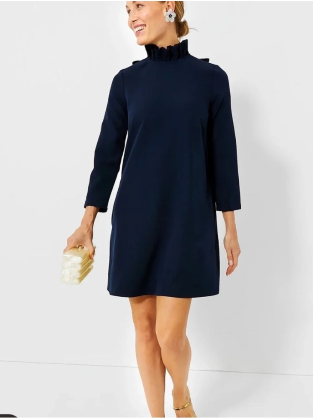 Tuckernuck Small S ruffle neck dress tie back Daphne navy blue